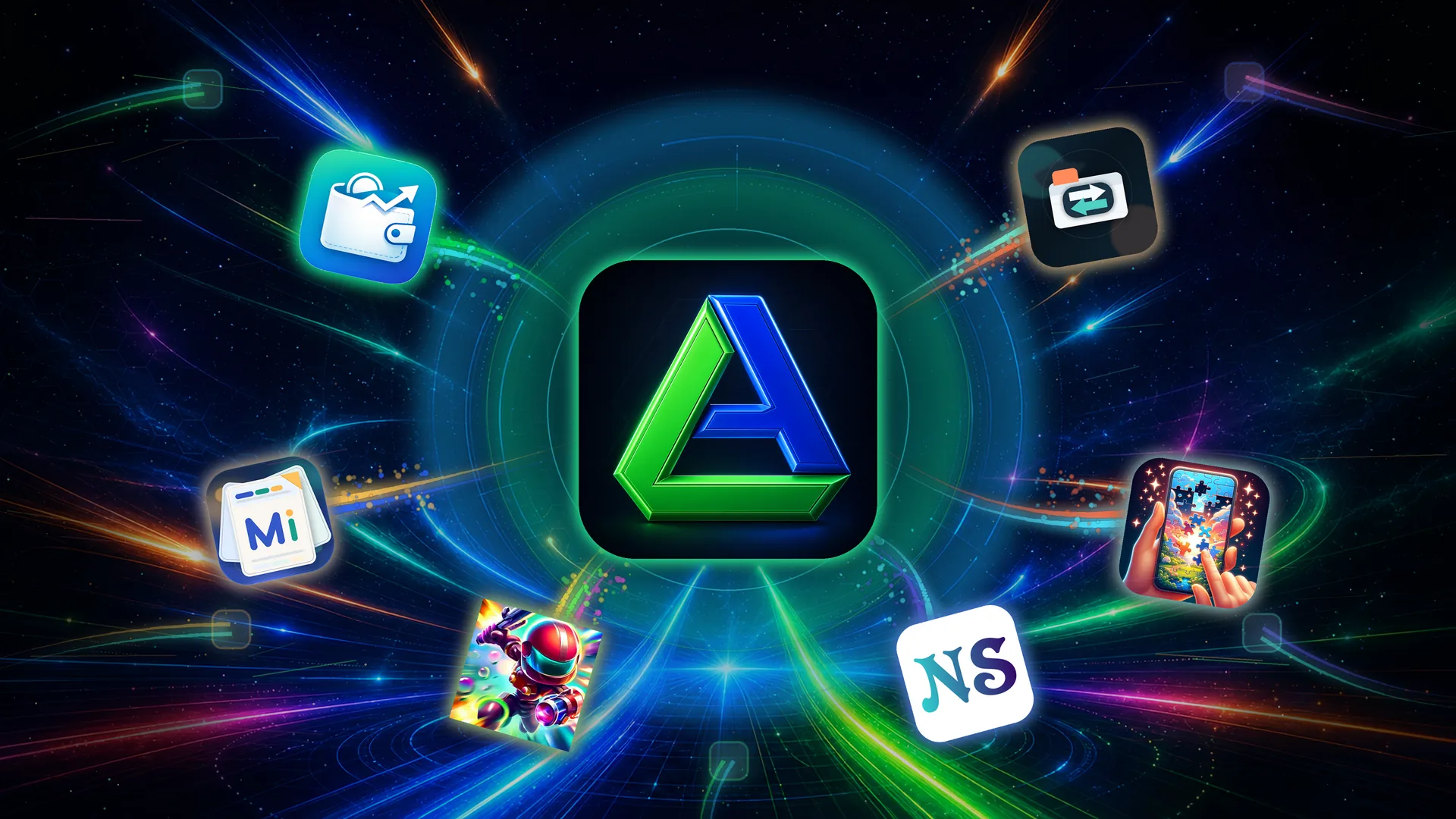 LaunchAlike's green and blue logo, with app icons launching around it.